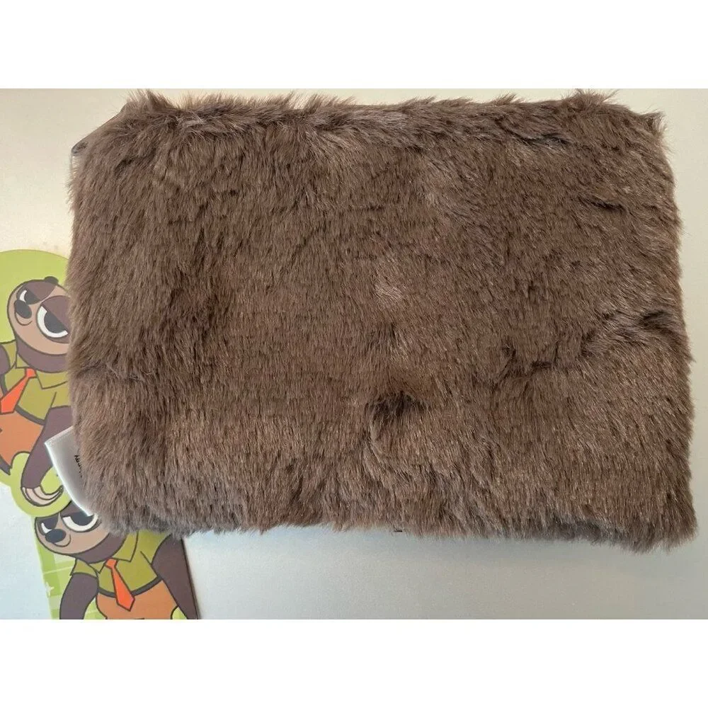 Disney Zootopia Miniso Flash Sloth Brown Faux Fur Coin Purse Cosmetic Bag NWT